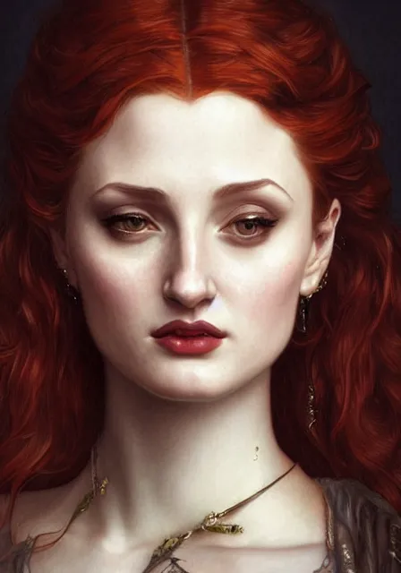 Image similar to sansa angeline jolie gessica chastain victorian vampire, intricate, elegant, highly detailed, digital painting, artstation, concept art, smooth, sharp focus, illustration, art by artgerm and greg rutkowski and alphonse mucha and william - adolphe bouguereau