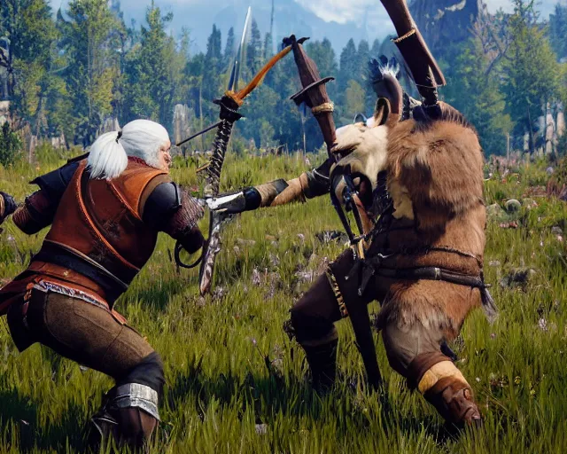 Image similar to gerald of rivia fighting with fursuit people from witcher 3 ( 2 0 1 5 videogame ), cinematic, concept art, loading screen