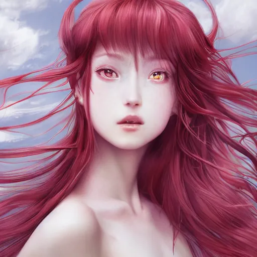 Image similar to a long - red - haired female knight as an absurdly beautiful, elegant, young sensual anime girl, floating in the sky, ultrafine hyperrealistic detailed face illustration by kim jung gi, irakli nadar, intricate linework, sharp focus, bright colors, matte, final fantasy, unreal engine highly rendered, global illumination, radiant light, intricate environment