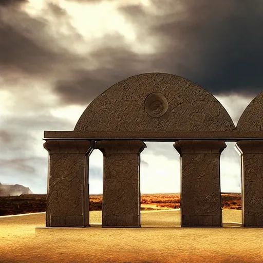 Image similar to stargate made of stone that form a circle, cinematic view, epic sky : : highly detailed