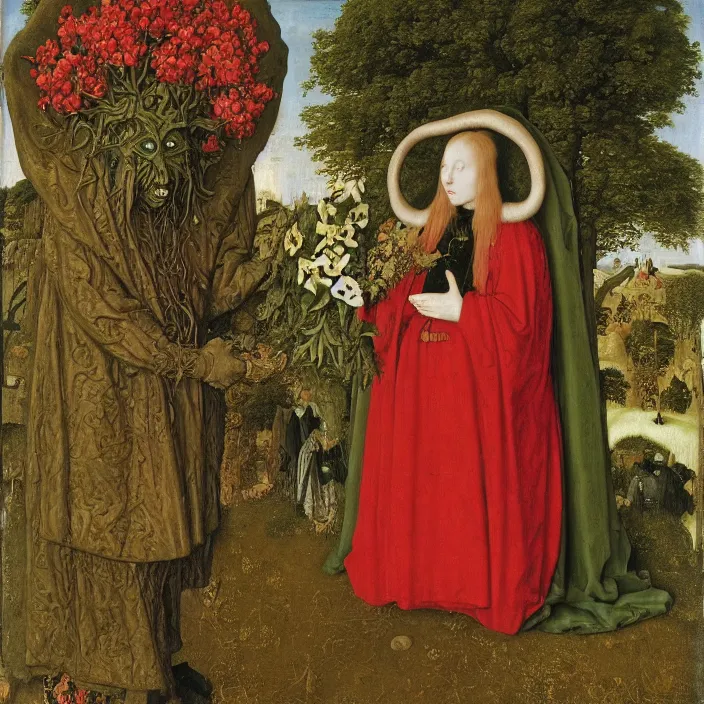 Prompt: a woman wearing a hooded cloak made of flowers holding a green-horned goblin monster, by Jan van Eyck