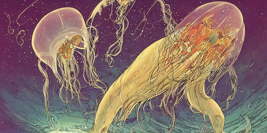 Prompt: giant jellyfish in space by moebius and mohrbacher, incredible sci-fi 1970s,