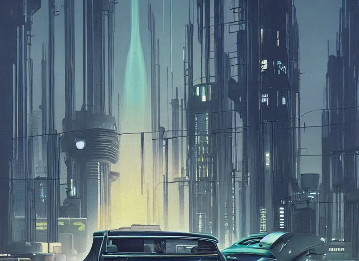 Image similar to a car driving down a street next to tall Forest-2 the night, cyberpunk art by Chesley Bonestell, cgsociety, retrofuturism, matte painting, reimagined by industrial light and magic