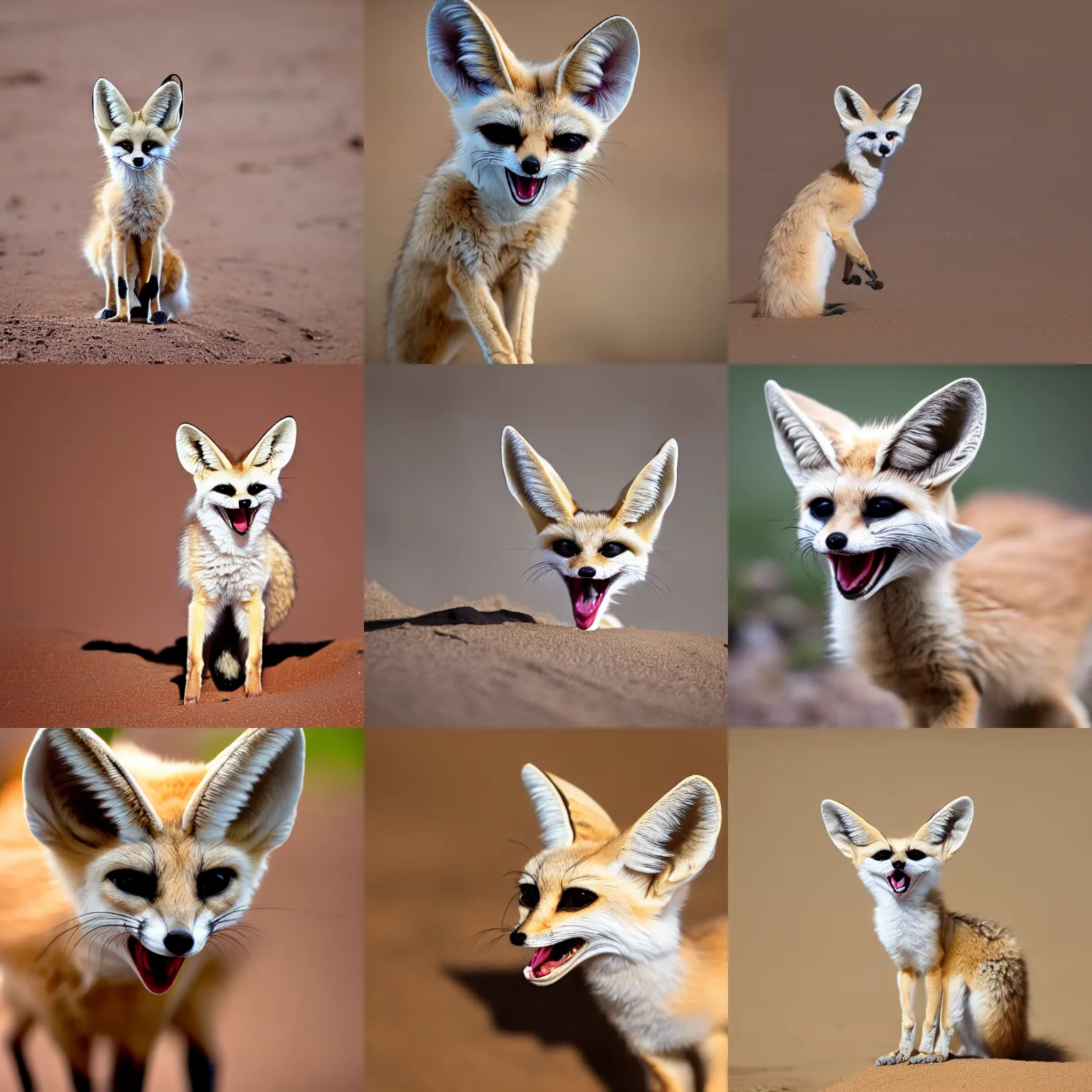 Prompt: a photograph of a fennec fox screaming, its mouth wide open, soft focus, 50mm