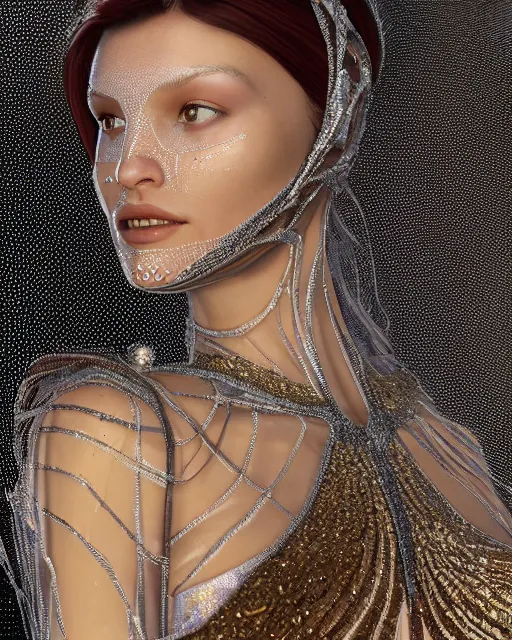 Image similar to a highly detailed metahuman 8 k close up render of bella hadid with a veil on her head and face renaissance in iris van herpen dress schiaparelli in diamonds crystals swarovski and jewelry iridescent in style of alphonse mucha trending on artstation made in unreal engine 4