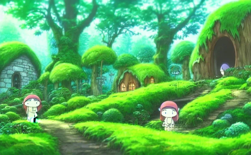 Image similar to lush forest with a cute woodland home, fantasy studio ghibli animated film, fantasy concept art, aesthetic, glob