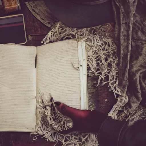 Image similar to a young woman finds a dusty diary on the floor of an old farmhouse, cinematic scene, movie, cinematic lighting