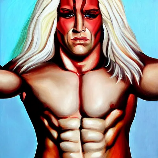 Image similar to buffed guy, long white hair, horns, red eye makeup, painting by by ralph grady james, jean christian biville