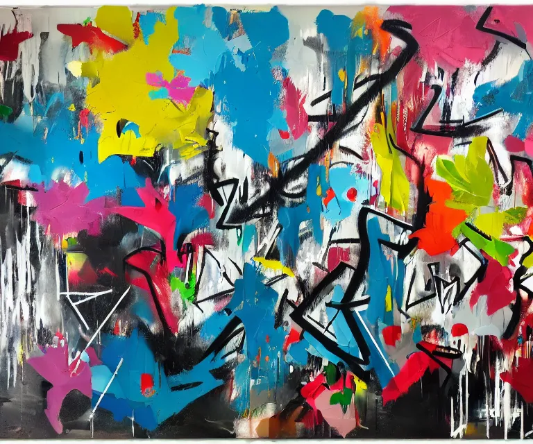 Prompt: acrylic and spraypaint, painting, paint drips, acrylic, graffiti throws, graffiti bubble letters, wildstyle, clear shapes, spraypaint, smeared flowers, origami crane drawings, oil pastel gestural lines, large triangular shapes, painting by ashley wood, basquiat, jeremy mann, masterpiece