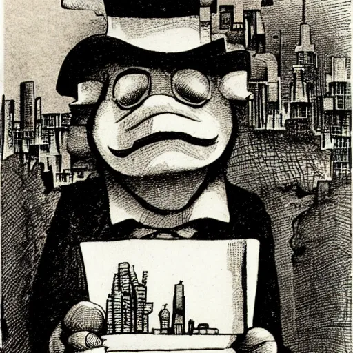 Image similar to An old, wizened man wearing a low top hat with a miniature futuristic city on top by Maurice Sendak