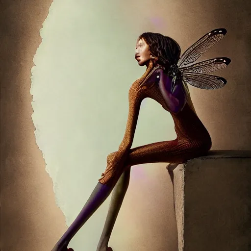 Image similar to brown woman wearing a shiny dragonfly armor. iridiscent. super detailed. layered. textured. award winning. dispersion of light. refracted lighting. soft. fragile. by ray caesar. by louise dahl - wolfe. by andrea kowch. surreal photoraphy. photorealistic