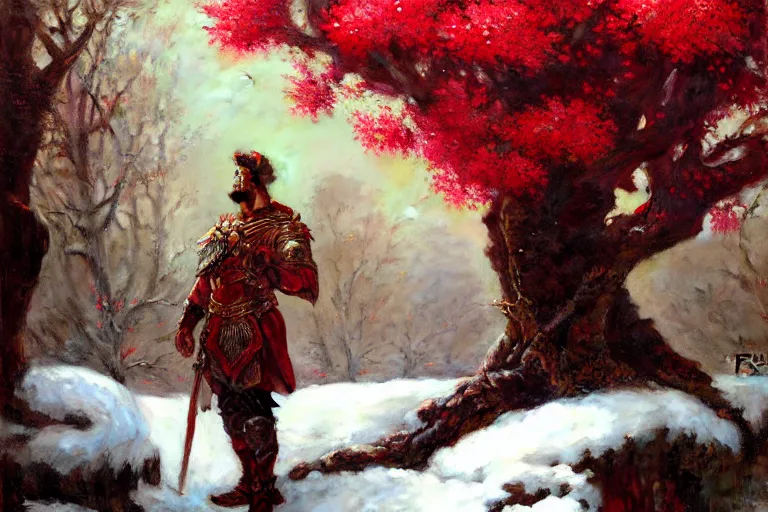 Image similar to winter, a male warrior relaxing under a huge tree with red flowers, ground covered with snow, extreme long shot, fantasy, painting by gaston bussiere, craig mullins, j. c. leyendecker, trending on artstation