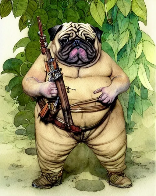 Image similar to a realistic and atmospheric watercolour fantasy character concept art portrait of a fat adorable chibi pug soldier in the jungle, by rebecca guay, michael kaluta, charles vess and jean moebius giraud