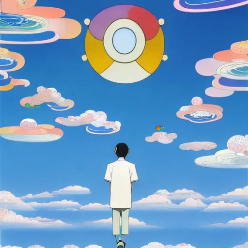 Image similar to a man walking on clouds away from the camera above kyoto by takashi murakami, beeple and james jean, aya takano color style, 4 k, super detailed, modern, 4 k, symmetrical