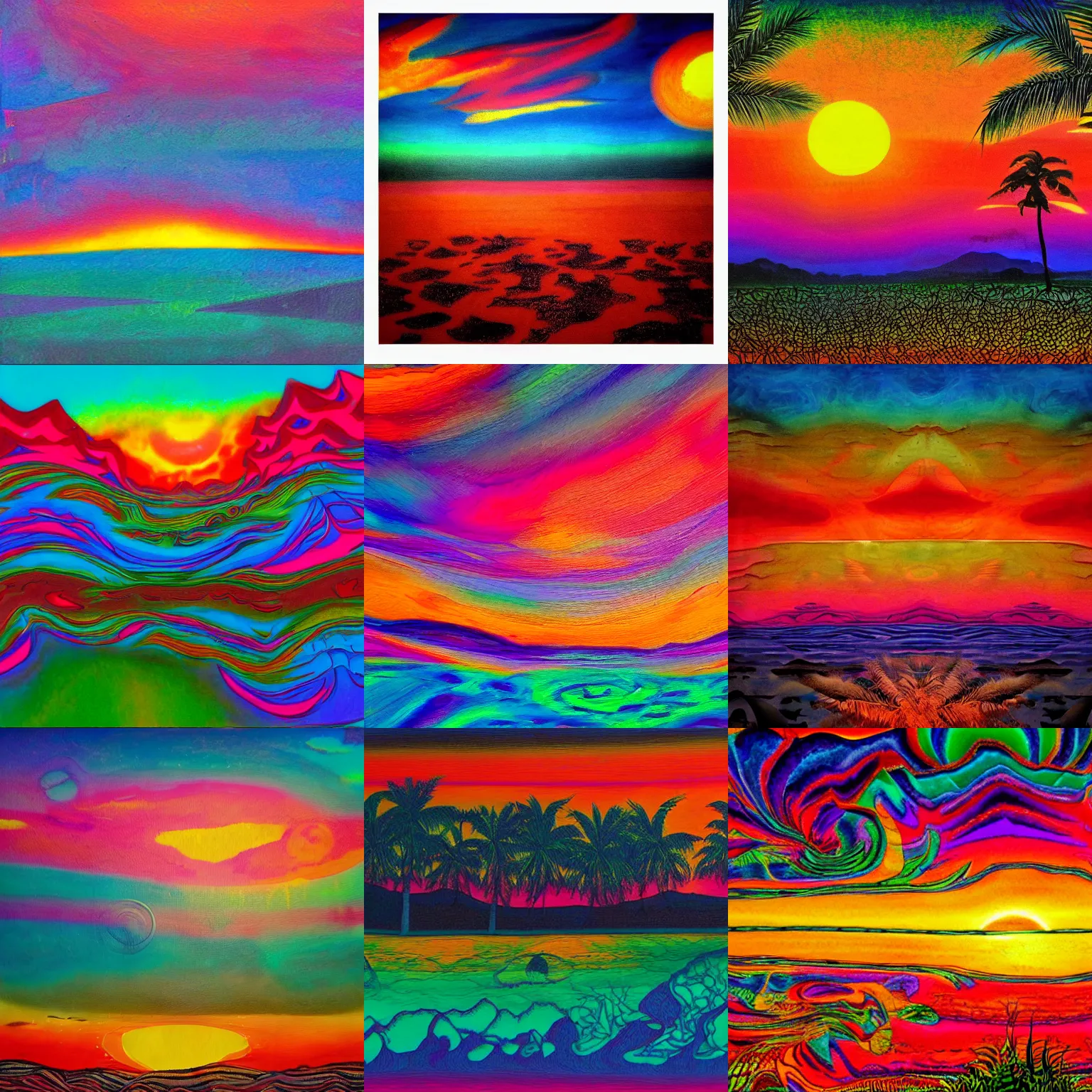 Prompt: psychedelic landscape of a tropical sunset