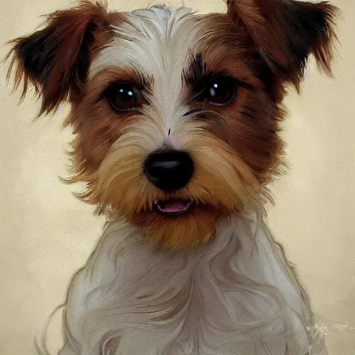 Image similar to a high quality painting of a very cute scruffy wire haired jack russell terrier puppy, white with chocolate brown spots, brown patches over both eyes. friendly, curious expression. painting by artgerm and greg rutkowski and alphonse mucha