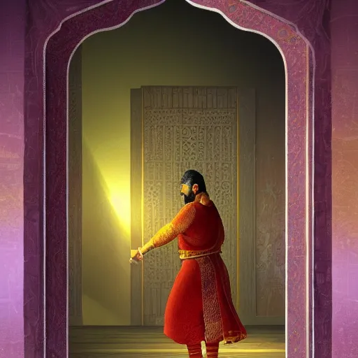 Image similar to sideview of a mughal emperor walking through a mystical door leading to another dimension, fantasy, artstation detailed digital art