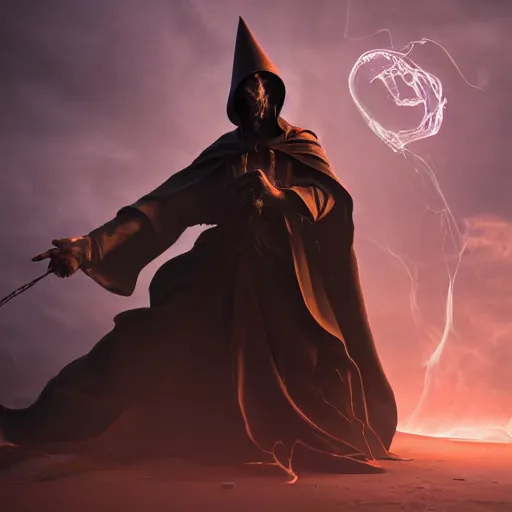 Image similar to a ominous illustration of a dark wizard casting a spell, alchemist lab, painting oil on canvas by moebius, octane render, HDR, trending on artstation, 4k, 8k, HD