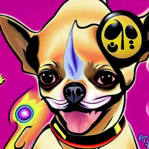 Image similar to a chihuahua with a third eye living in an extradimensional reality, in the style of goof troop, illustration, epic, realistic, hyper detailed, smooth