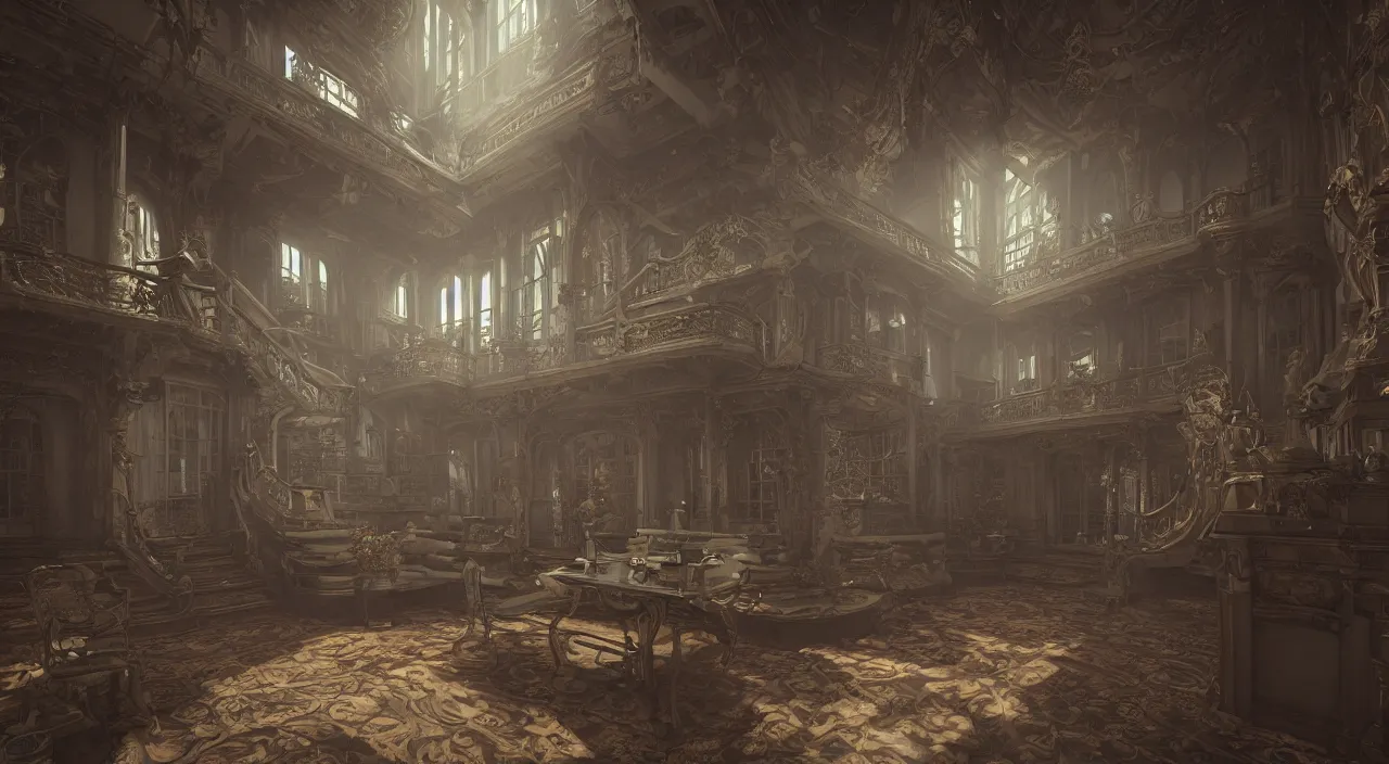 Image similar to a view of the inside of a late Victorian mansion, ray traced, octane 3D render in the style of Peter Mohrbacher and Peter Gric