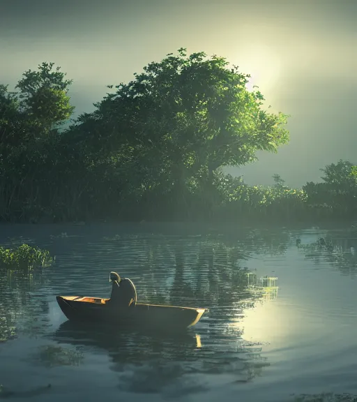 Prompt: three crows in a little boat in a swamp, volumetric lighting, fog, majestic light, reflection, octane render, ethereal glare of the sun, hyperrealistic, epic, masterpiece, by makoto shinkai, by peter zumthor