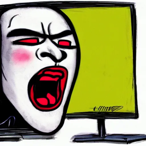 Image similar to an angry man yells at his computer monitor, in the style of the scream