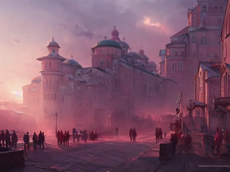 Image similar to a city of syzran!!!, militaristic!!!, romantic!!!, hyperrealistic, highly detailed, cinematic, pink sunlight, beautiful, cgssociety, artstation, 8 k, oil painting by greg rutkowski, by artgerm, by wlop