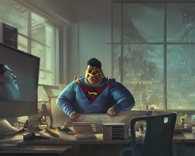 Image similar to an insanely detailed painting of a slightly chubby, nerdy asian man wearing a superhero costume and mask, sitting at a desk, staring at the nervously at the computer and typing, in the style of peter mohrbacher, dramatic lighting and composition, octane render, trending on artstation, concept art, comic book, view from behind