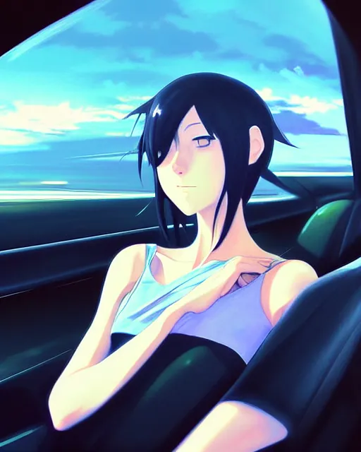 Image similar to a ultradetailed beautiful painting of a stylish woman driving a car, by makoto shinkai, trending on artstation