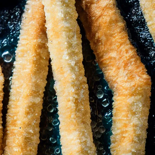 Image similar to Soaking wet soggy fish stick drenched with a stream water from a faucet on a moist wet plate. Very wet delicious crusty fish sticks. Macro lens close up 4K food commercial shot