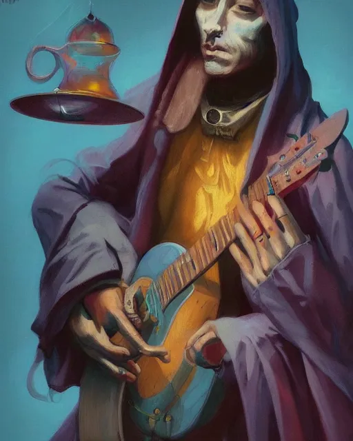 Prompt: colorful baroque portrait of a shadowy man wearing a hooded cloak, playing a guitar, gallery art by peter mohrbacher, artstation, artgate