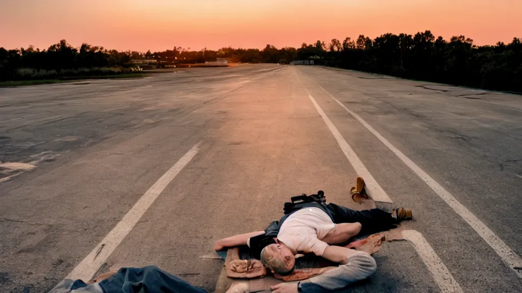 Prompt: movie still of a man laying on top of a car driving on the runway of an airport, sunset, golden hour