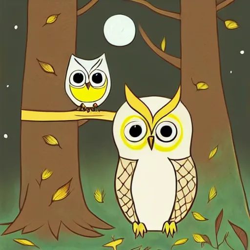 Image similar to a cute cartoon picture of an adorable owl of athena!! next to a a jar of fireflies! in the woods, a storybook illustration by arabella rankin and nyuju stumpy brown, behance contest winner, featured on pixiv, context art, storybook illustration, pop surrealism, nightscape, digital illustration