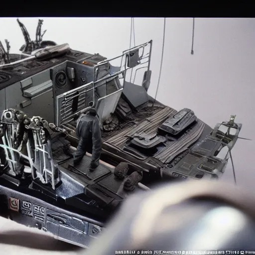 Prompt: a behind the scenes look at the filming of aliens in ( 1 9 8 6 ) miniature sets of a sci - fi ship, detailed, 8 k miniature photography, analog film, futuristic