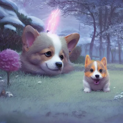 Prompt: adorable corgi puppy in a magical village, hyperrealistic, lifelike, extremely detailed digital illustration by greg rutkowski, artgerm, makoto shinkai, simon stalenhag, moebius, trending on artstation, 8 k