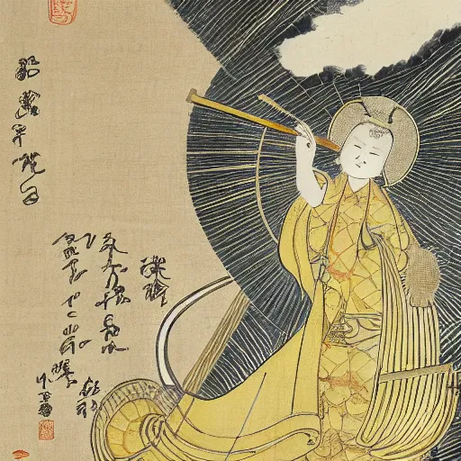 Prompt: a golden deity with the head of the baby harp seal, radiating golden light, wearing royal kimono, Japanese ink drawing from 1700