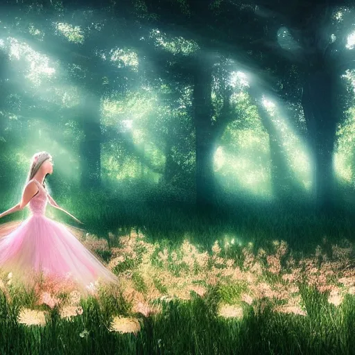 Image similar to A serene and dreamlike scene with a princess in a field of flowers, with a translucent dress and ethereal lighting, light rays, volumetrics, by Jeszika Le Vye
