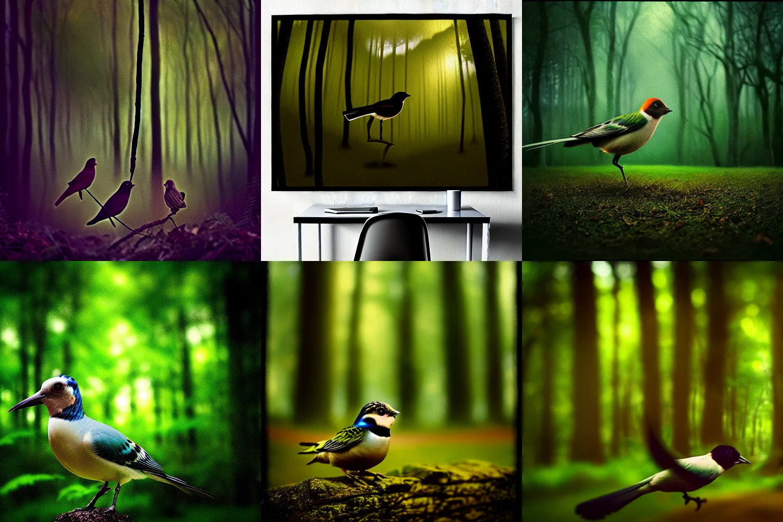 Prompt: portrait of a birds in a forest, depth of field, blur, bokeh, f / 1, 8, motion blur, cinematic movie, by bekzinski and richard corben