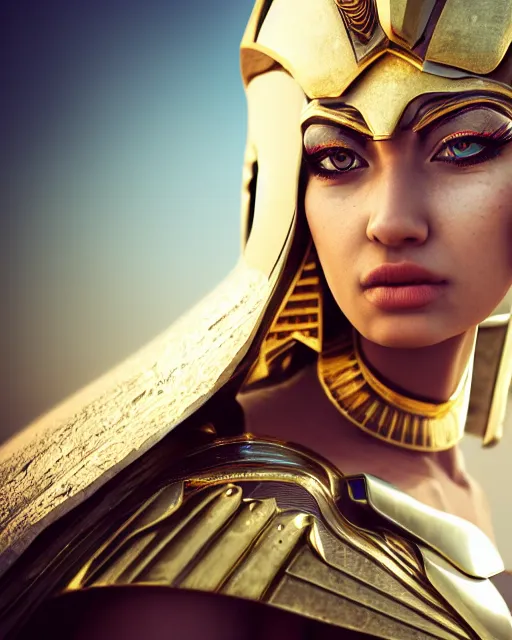 Image similar to girl in egypt, egyptian cyborg armor, white hair, atmosphere, gold, detailed, intricate, desert, beautiful face, cinematic lighting, trending on artstation, blue eyes, 4 k, focused, extreme details, cinematic, masterpiece, by akihito tsukushi