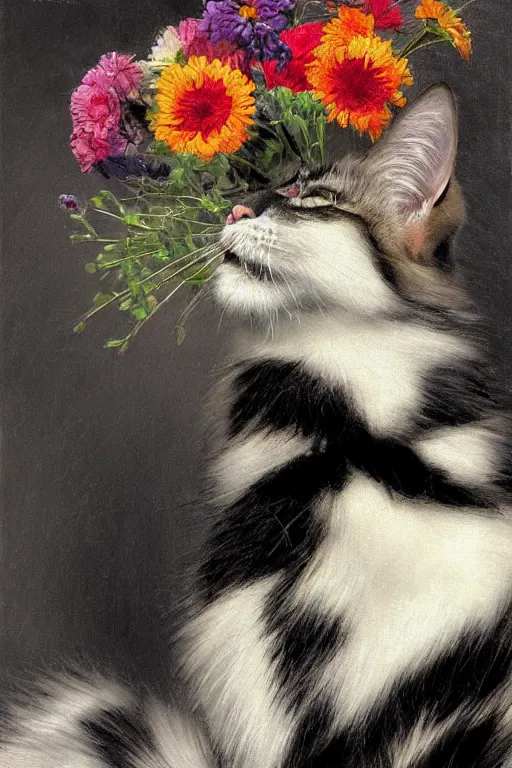 Prompt: close - up, black with white stripes fur curious cat, symmetrical, beautiful, colourful flowers bouquet, cinematic lighting, highly detailed, digital art, oil painting, highly detailed, sharp focus, matte painting, renaissance painting, by kinkade, by alphonse mucha, by leyendecker, by rutkowsky,