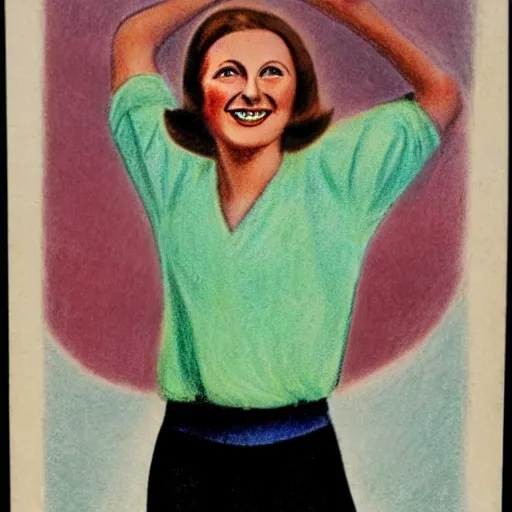 Image similar to a 1 9 2 8 color drawing portrait. happy, healthy, smiling, sporty, glowing, teenage greta garbo in athletic wear with big smile and healthy teeth. colorful, realistic, high quality.