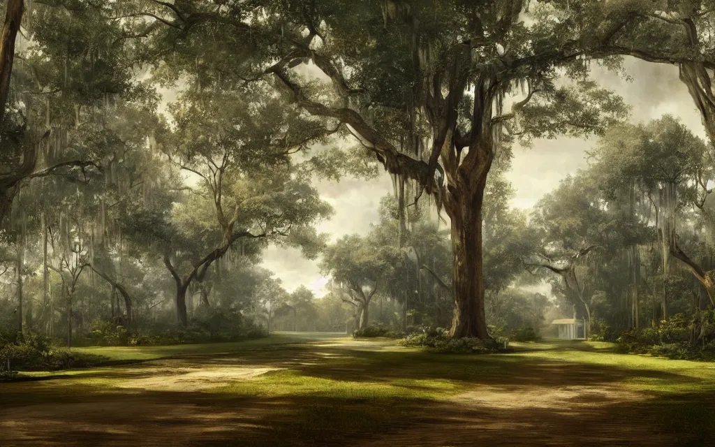 Prompt: a southern plantation with a long tree-lined driveway, romanticism, hyperdetailed, artstation, cgsociety, 8k, masterpiece