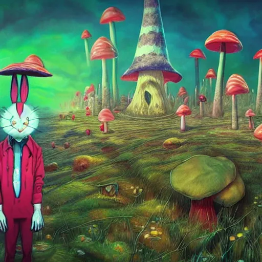 Prompt: 4 k headshot portrait of a psychedelic demonic anthropomorphic bunny rabbit with mushroom themed clothes, magic mushroom village in background. award winning. superb resolution. in the art style of junji ito and greg rutkowski. detailed mushroom city in background. hyper realistic anime. perfect art. dalle 2