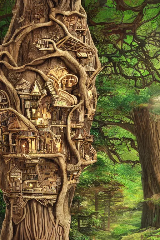 Prompt: fantasy art of a miniature city carved into the trunk of a single colossal tree in the forest, awe - inspiring, highly detailed digital art