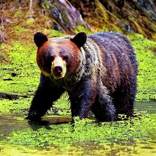 Image similar to a realistic depiction of a zombie bear standing in a green fluid pit, photo pic taken by todd mcfarlane and national geographic