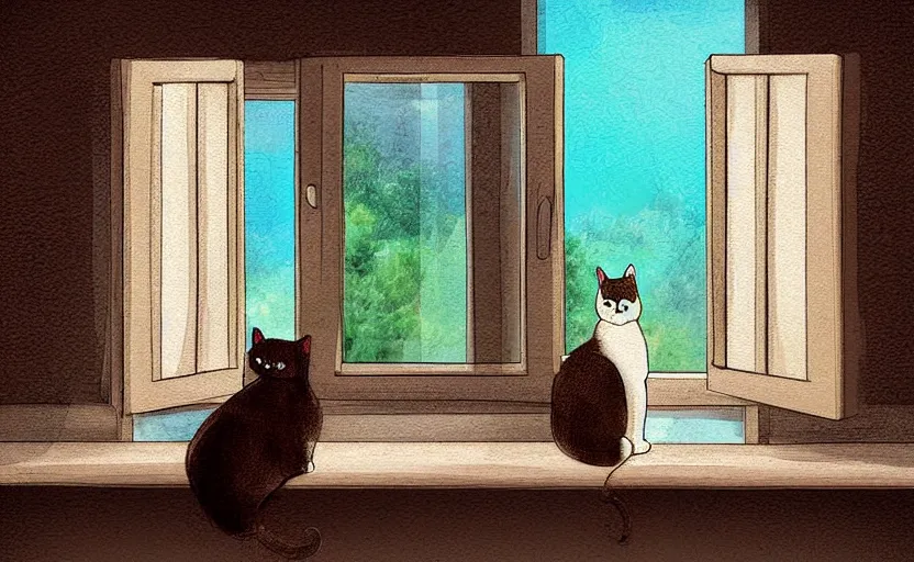 Prompt: cat on window, inside house in village, calm, warm, cozy, digital art, sweet home, cute, naive, detailed