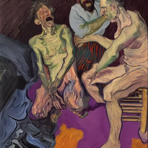 Prompt: high quality high detail painting of a man in agony by lucian freud and jenny saville and francis bacon and vincent van gogh, hd, anxiety, seated with friend in a living room crying and screaming, turquoise and purple and orange and pink, dark atmosphere