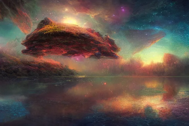 Image similar to digital painting of a vivid surreal landscape, hyper realistic, detailed, ruan jia, wlop, sha xi, fantasy, hyper detailed, sharp focus, snining stars, galaxies, sunset, golden hour, octane render, trippy, ornaments, artstation, marie - gabrielle capet style, serene, peaceful, lagoon, fireflies, comets, pastel colors