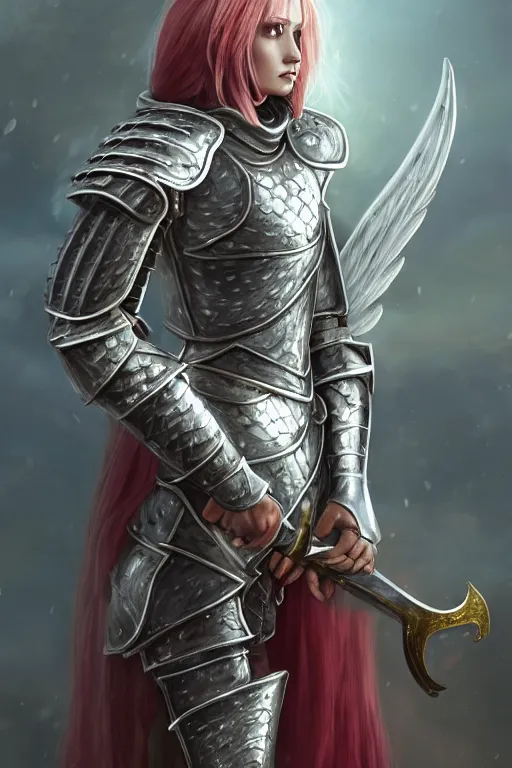 Prompt: Female Knight, DND, D&D, skintight Silver armor, shining, bright red hair, straight hair, sword and shield, ornamental, symmetry, angel-themed, tall, full body picture, extremely detailed, detailed face, golden eyes, epic, high fantasy, matte painting, trending on artstation, artstationHD, artstationHQ, cgsociety, octane, HD 16K