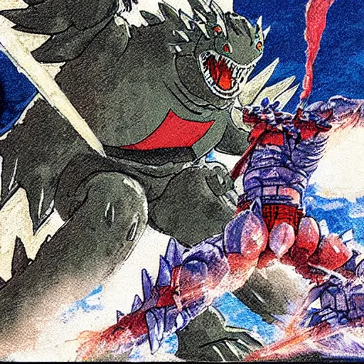 Prompt: godzilla fighting a gundam in kyoto in the style of studio ghibli